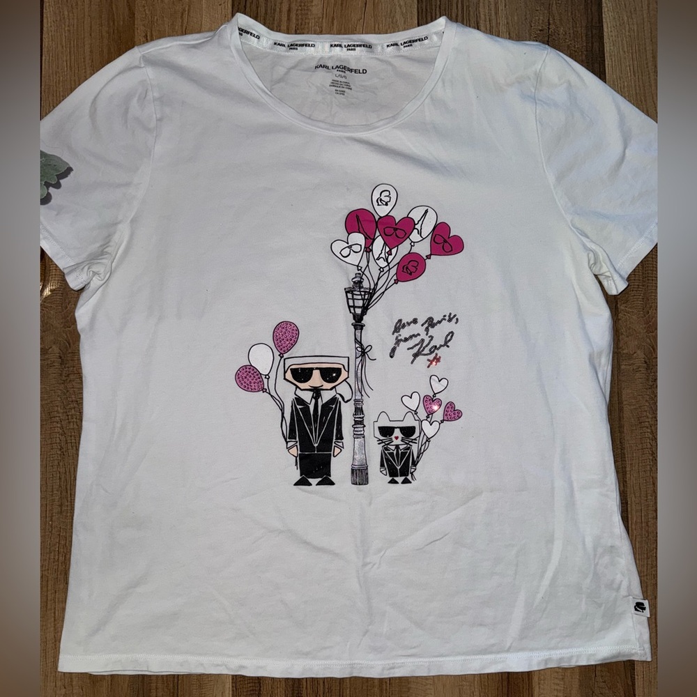 Karl Lagerfeld White Graphic T-Shirt with Pink and Black Design